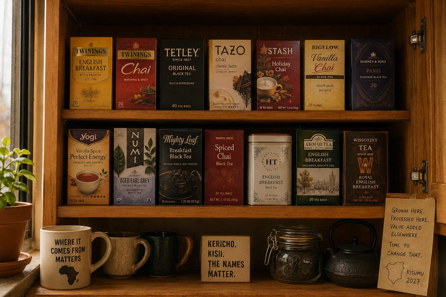 A cupboard shelf lined with boxes of packaged tea
