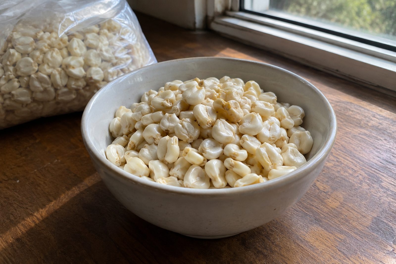 A ceramic bowl of dried white maize kernels on a wooden table in window light, with a bagged supply of the same corn behind it.