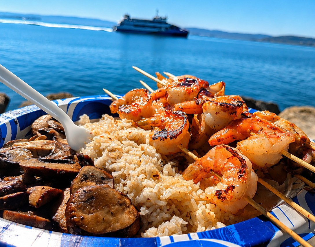 Charred prawn skewers on a paper plate with seasoned rice and grilled mushrooms, open water behind
