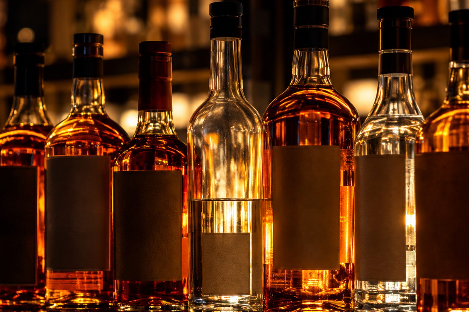 A row of amber and clear liquor bottles on a lit bar shelf, every label blank.